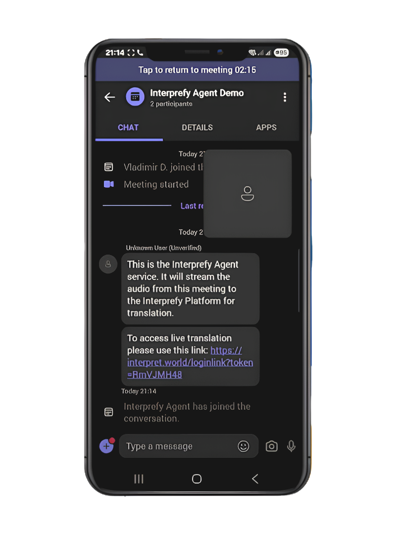Interprefy Agent in a mobile meeting chat, posting the live translation link for attendees