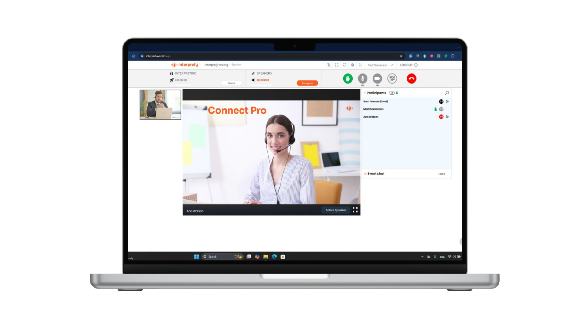 Interprefy Connect Pro: عرض إدارة المضيف والأحداث على جهاز كمبيوتر محمول