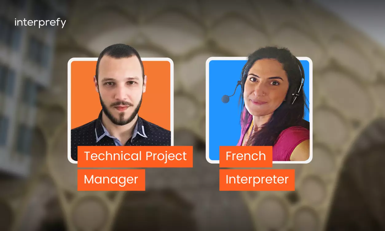 Interpreters and project manager in coloured box